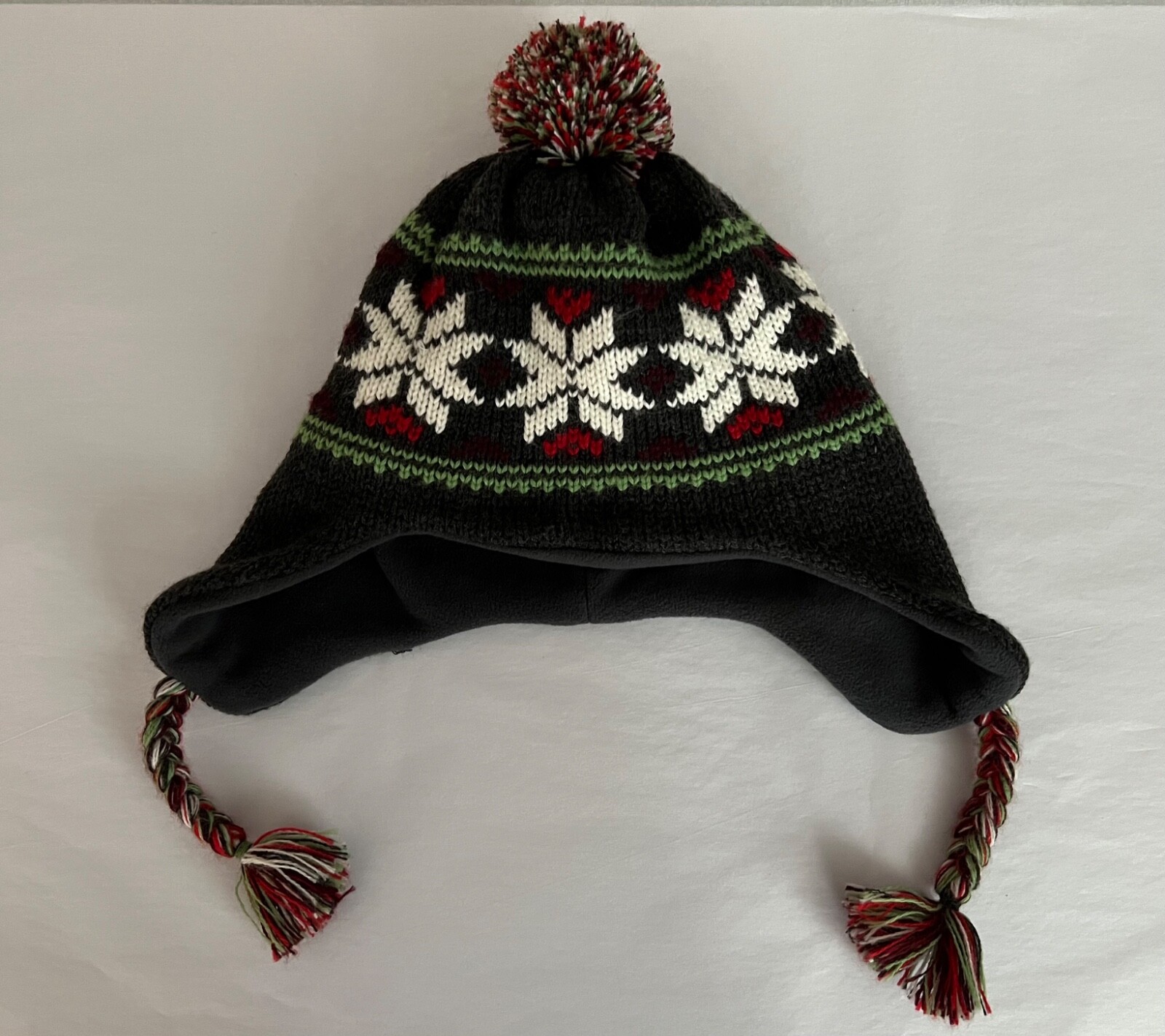 Old Navy Gray Snowflake Knit Cap with Ear Flaps and Tassels