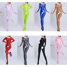Womens Glossy Slim Fit Full Body Jumpsuit Shiny Bodysuit Bodycon Catsuit Sexy