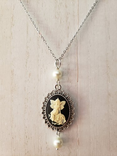 Victorian Antique Style Goth Ivory Fairy on Black Cameo Necklace w/ Pearl - Picture 3 of 6
