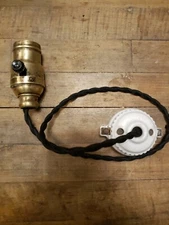 Vintage Hanging  Brass Socket And Porcelain Mount New Cloth Covered Wire  