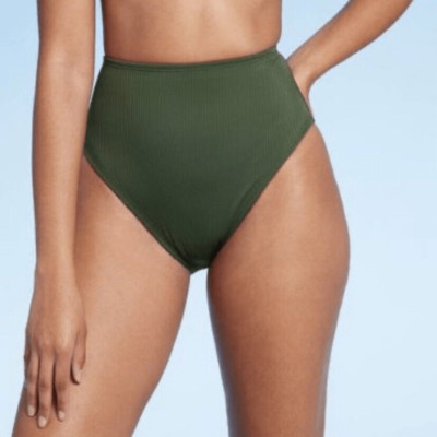 Shade & Shore XS (0-2) Solid Green Ribbed High Waist Bikini Swim Bottom