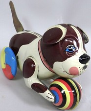 Vtg Tin Litho Toy Dog Friction Push Tail Down Wheels Go Rolling Puppy with Ball