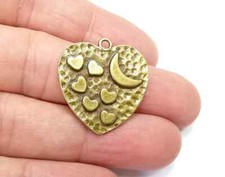 Heart Crescent Charms, Moon Charms, Hammered Disc Pendant, Antique Bronze Plated