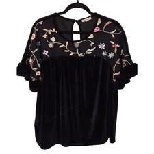 Black Velvet Floral Embroidered Mesh Top Ruffle Sleeve L Whimsigoth Fairy Boho