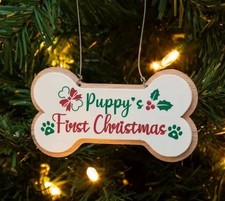 Puppy  s First Christmas Dog Bone Shaped Ornament Wood Holly Paw Prints 4"x2" NEW