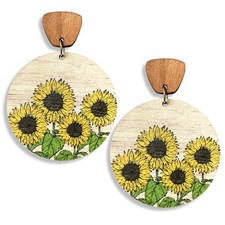Handmade Bohemian Lightweight Round Wooden Sunflower Dangle Drop Earrings Vintag
