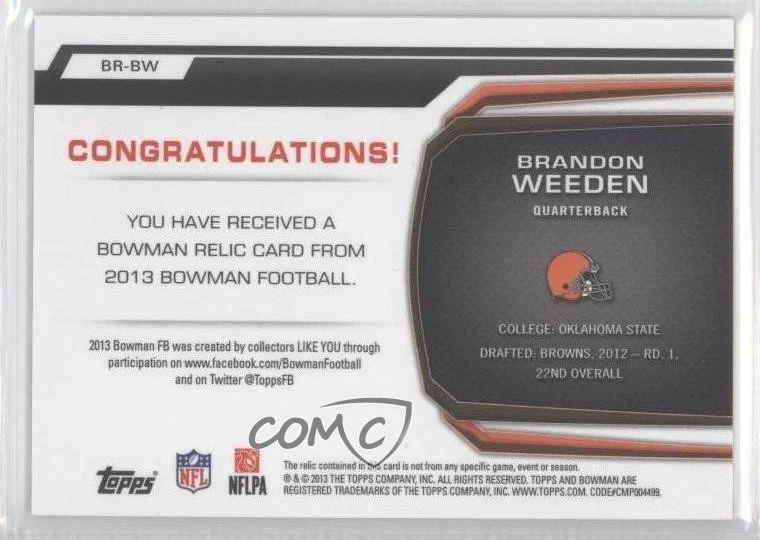 2013 Bowman Relic Brandon Weeden #BR-BW - Image 2 of 2