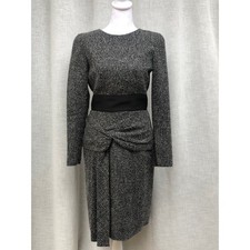 Oscar de la Renta Gray Black Tweed Wool Long sleeve dress front twist knot skirt