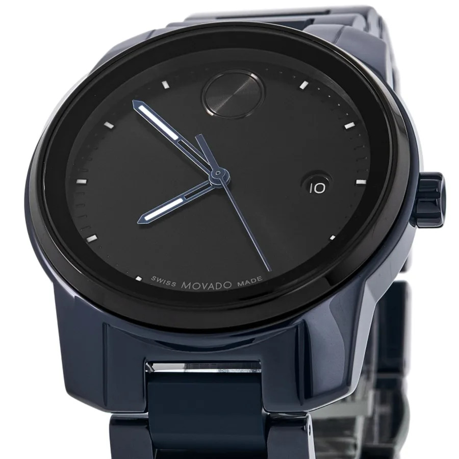 New Movado Bold Verso Quartz Black Dial Blue Ceramic and Men's