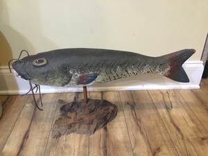 Primitive Wood Folk Art  Decoy Catfish Fish Handmade Mounted on Driftwood 24”