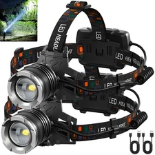 LED Headlamp Rechargeable 3000 Lumens Waterproof 5 Modes Hiking Camping 2 Pack