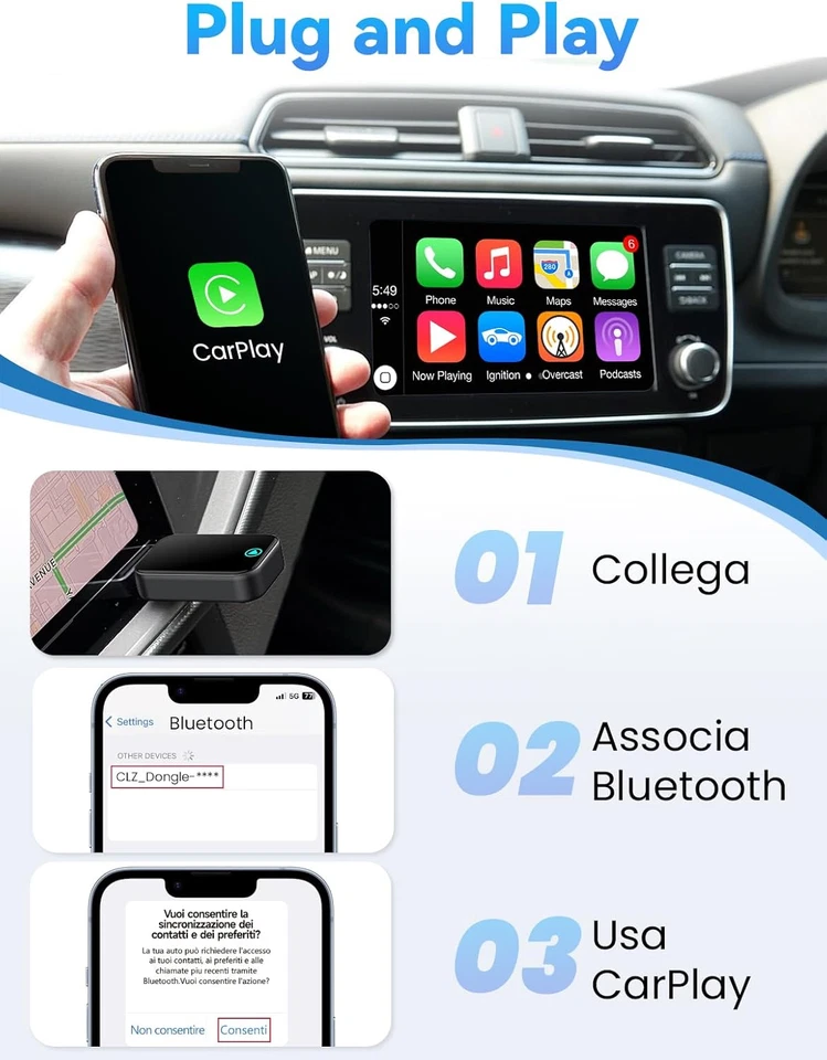 S2 Mini Adattatore Carplay Wireless per Iphone, Converte Cablato in Wireless, US - Immagine 3 di 4