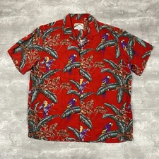 vintage PARADISE FOUND Hawaiian shirt L Magnum PI red parrot aop button up y2k