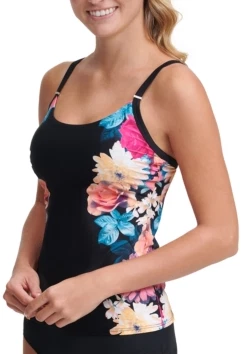 Calvin Klein BLACK MULTI ISLAND FLORAL SHIMMER Tankini Swim Top, US Large - Image 2 of 2