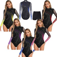 Women Outfits Party Dancewear Gymnastics Set Recital Hollow Out Bodysuit Latin