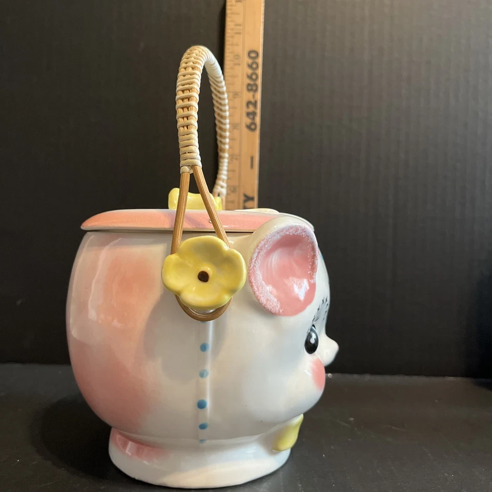 Розовая банка для печенья с ручкой из ротанга Kitty Cat японская винтажная - Изображение 4 из 4