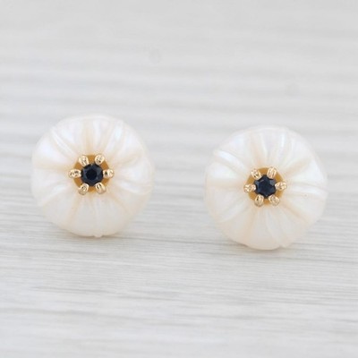 New Cultured Pearl Morning Glory Flower Sapphire Stud Earrings 14k Gold Galatea