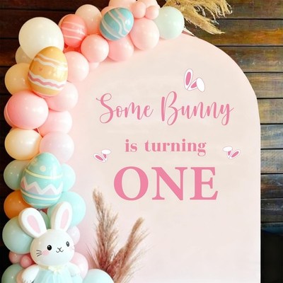 Some Bunny is Turning One First Birthday Party Decal Sign Pink Easter Rabbit ...