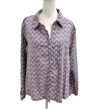 Tulip Clothing Ikat Gretchen Button Down Shirt White Purple size Medium