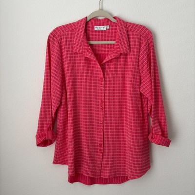 Habitat Top Women's Medium Pink Plaid Button Up Roll Tab Sleeve Tunic Casual