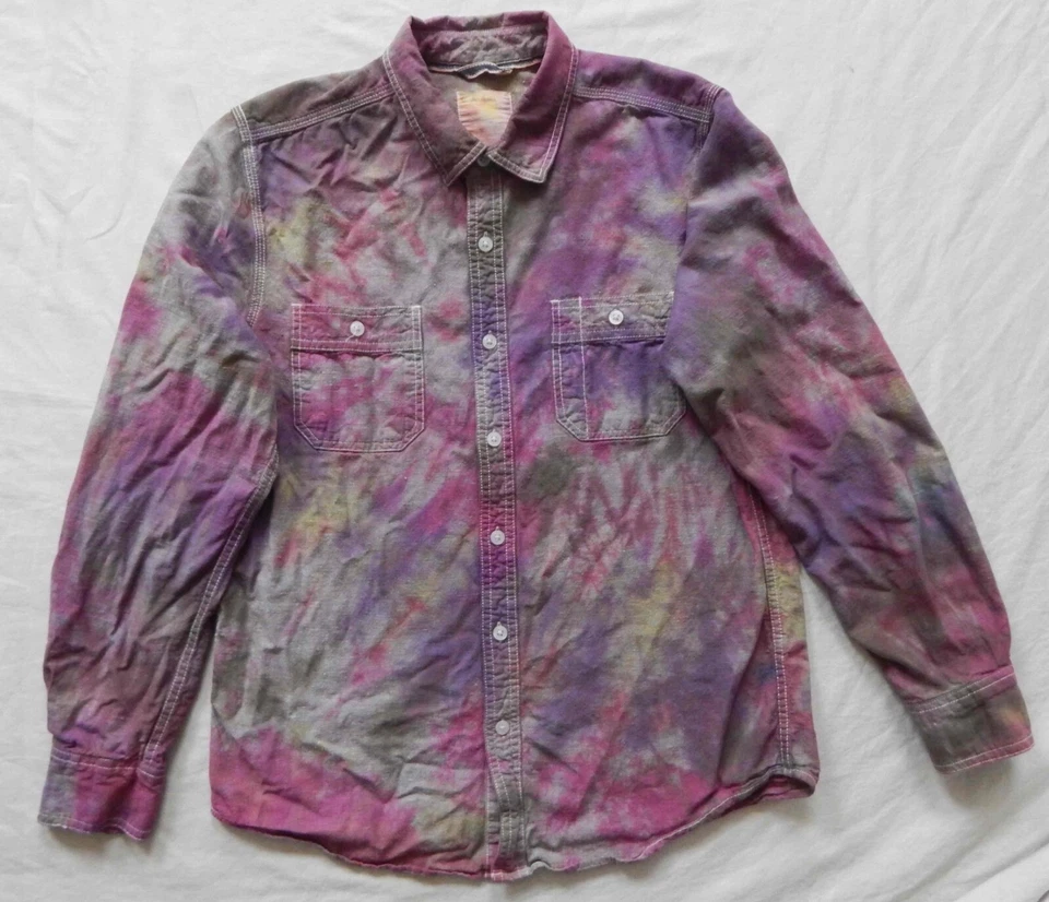 Camisa Tie Dye Púrpura Gris Manga Larga Abotonada - Mediana Para Hombre Hecha a Mano Foto 3 de 4