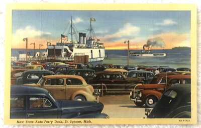 State Car Train Ferry Dock St Ignace MI  Autos, LINEN Postcard 1940s, non posted