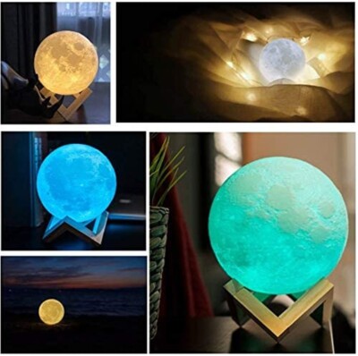 Große 3D Farbwechsel Mond Lampe mit Sockel, LED Nachtlicht, Touch Control