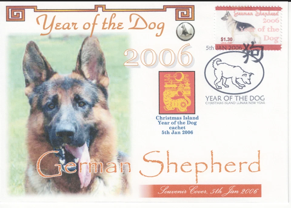 LOTE DE 2 PORTADAS DE SELLO DE PASTOR ALEMÁN 2006 AÑO DEL PERRO SELLO BLANCO Y MORADO S Foto 2 de 3