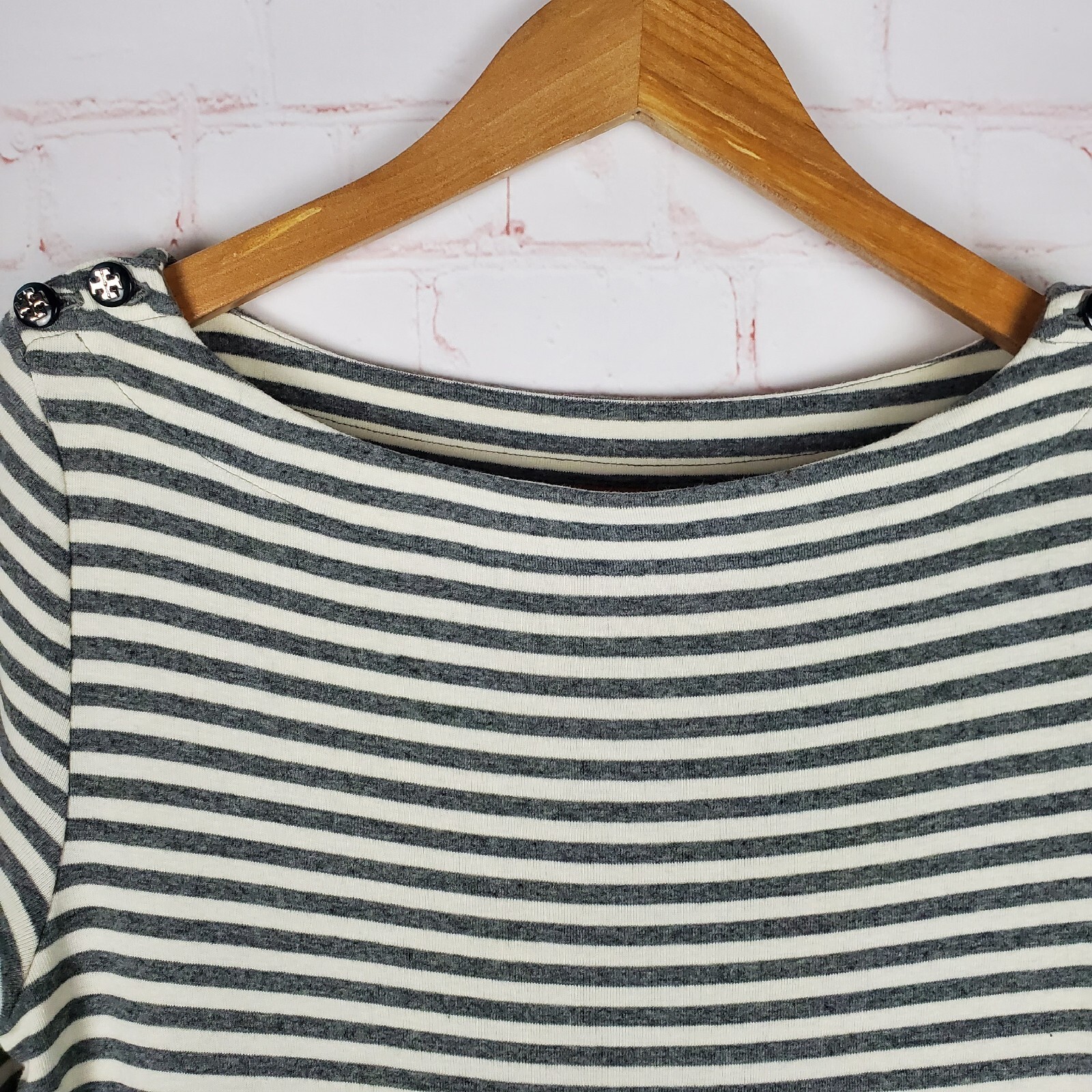 Tory Burch Pima Cotton 3/4 Sleeve Tee Shirt Dress XS Boat Neck Striped Logo Gray thumbnail 7