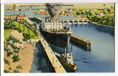 Tug Escorts a Freighter Outbound, Government Locks, Seattle WA 1930-45 Postcard