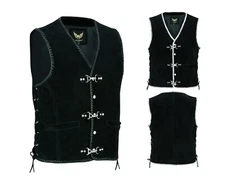 Mens Real Leather Suede Leather Vest Braided Black Motorcycle Clothing AUS