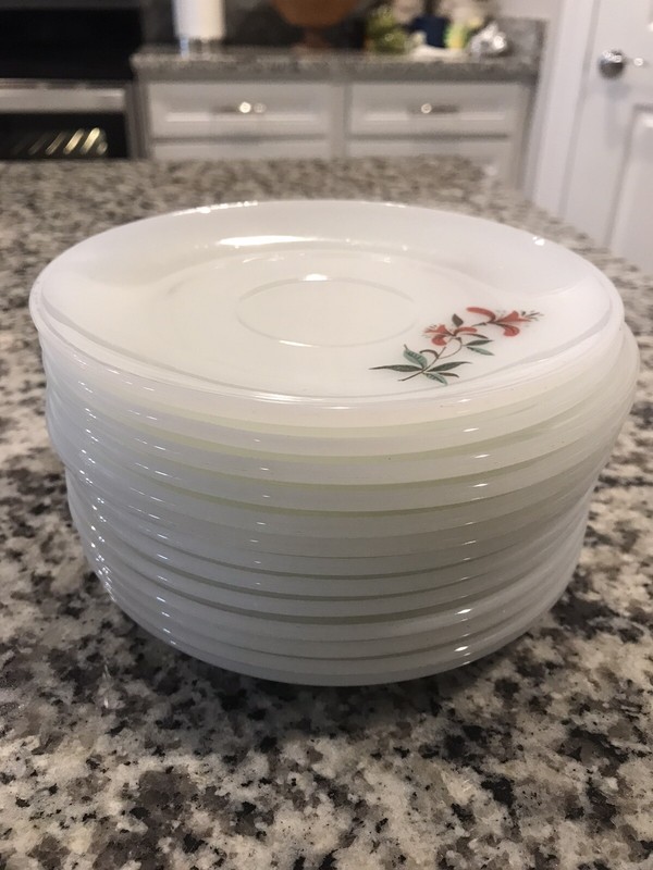 Set of 13 Saucers Anchor Hocking Fire King Milk Glass White Red Honeysuckle
