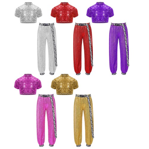 Kids Girls Set Elastic Waist Outfit Jazz Suits Sequins Pants Sparkly Trousers - Picture 6 of 81