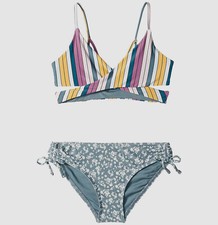 54 O'neill Kids' Girls' Blue Striped Floral Bikini Set Swimwear Swimsuit Size 4
