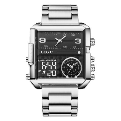 LIGE Men's Digital Sport Watch Square Stainless  Steel LED Waterproof Wristwatch