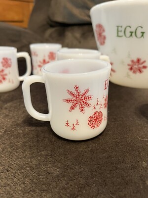 Vintage Fire King Christmas Egg Nog Snowflakes Bowl And 8 Mugs