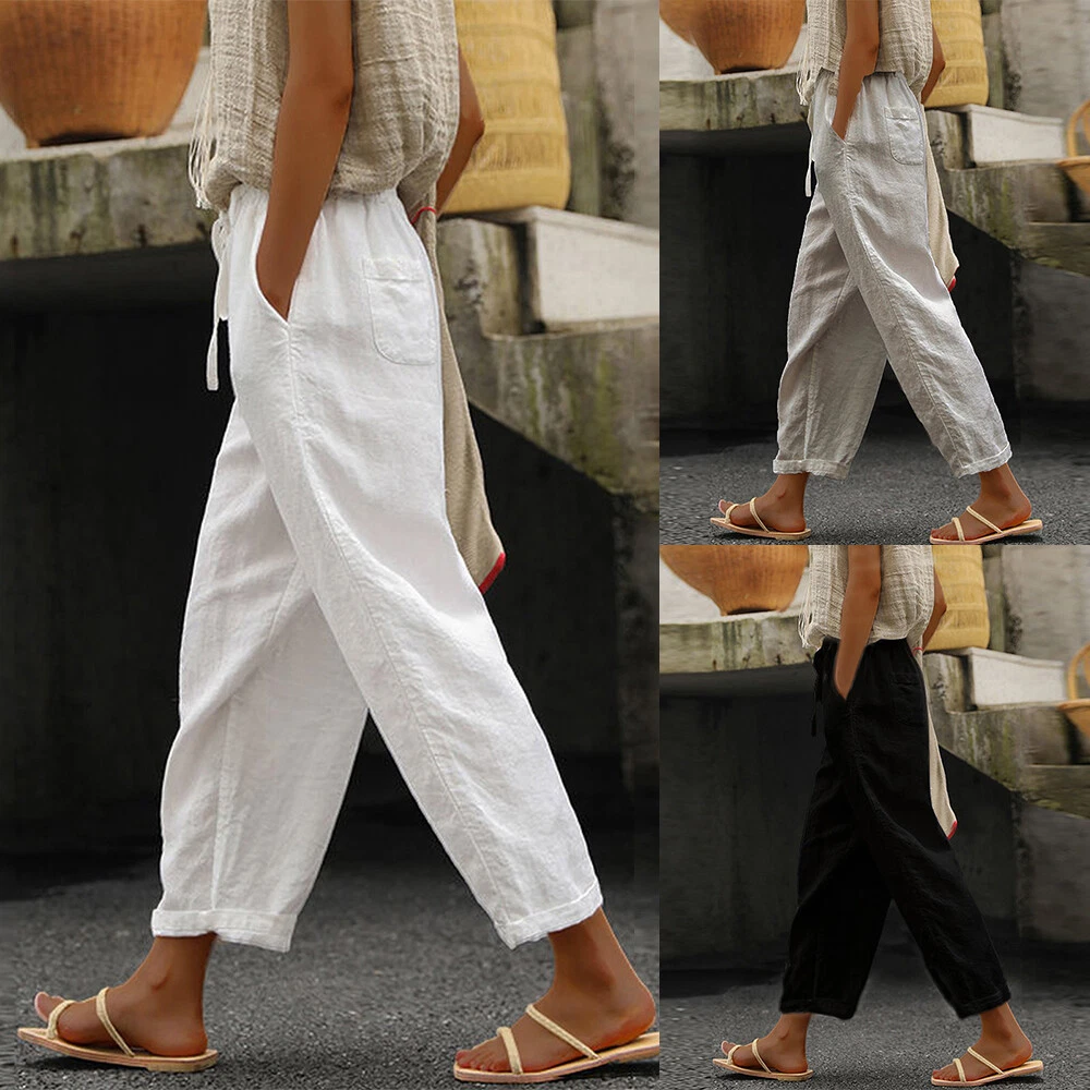 Summer Womens Ladies Cotton Linen Loose Casual Harem Pants