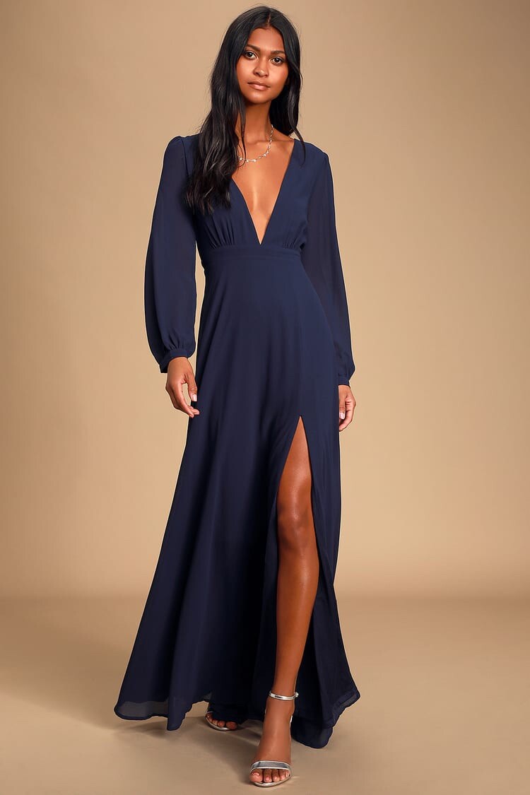 Navy Blue Long Sleeve Maxi Dress | Womens | Small | 100% Polyester | Lulus