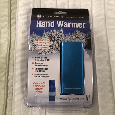 Rechargeable Hand Warmer Blue W/ Sleeve & USB Charging Cable. P3 International.