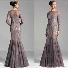 Elegant mermaid bride mother dress long sleeved lace applique evening gown