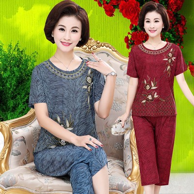 Women's  Middle-aged And Elderly Leisure Suit Top + Pants Ice Proof Silk