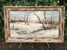 VIOLET TAYLOR Original 1950s MODERN WESTERN WINTER RIVER SNOWY RUSTIC LANDSCAPE