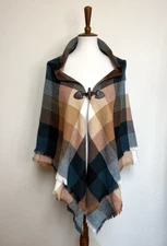 Short Cape Poncho Women Size S-M Fringe Earthy Multi-Plaid Toggle Shawl Collar