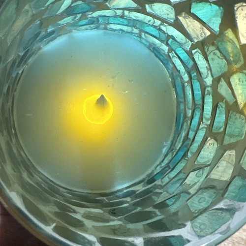 Mosaic Glass Aqua Blue Battery Operated Pillar Candle 5.75 X 3” Timer - Picture 3 of 7