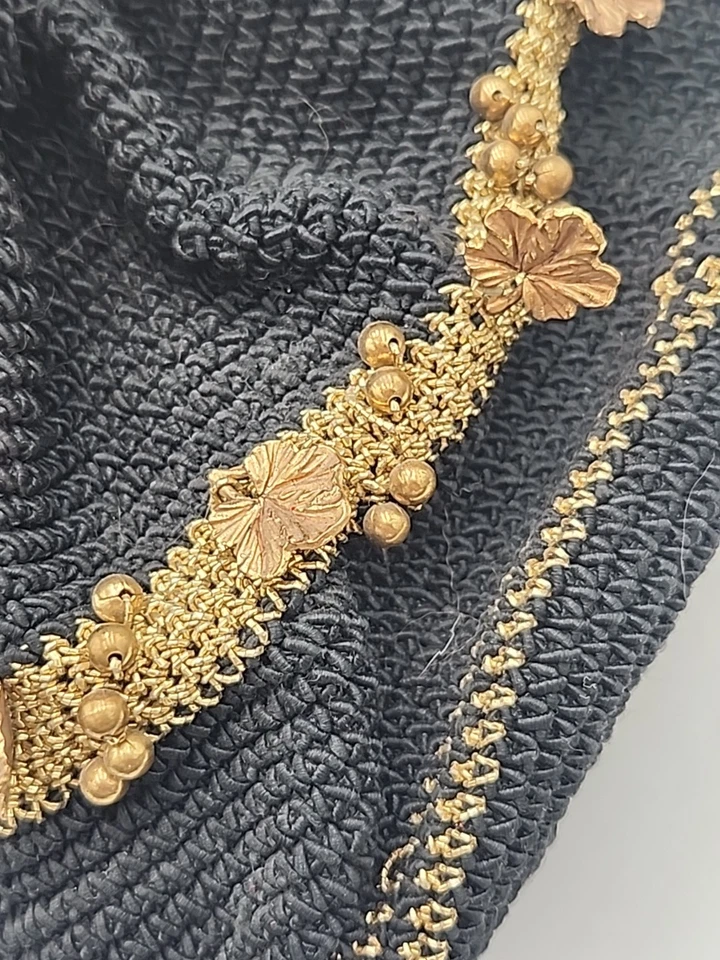 Vtg 40s50’s Black Beaded Crochet Corde Drawstring Purse Evening Bag MCM - Image 4 of 4