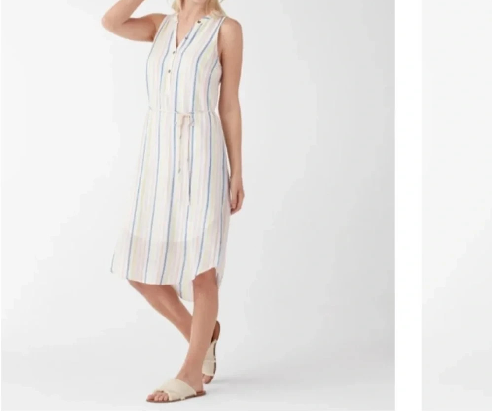 Splendid Striped Linen Blend Pink Blue Cream Button Shirt Dress HI-LOW Size S
