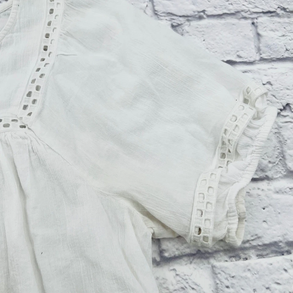 Antiguo Vestido Boho Midi Blanco Azul Marino En Niveles Volantes Crochet Ribete XL Algodón Ligero Foto 4 de 4