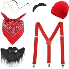 Halloween Mens Duo Costume Accessories Red Beanie Suspender Beard Bandana Glasse