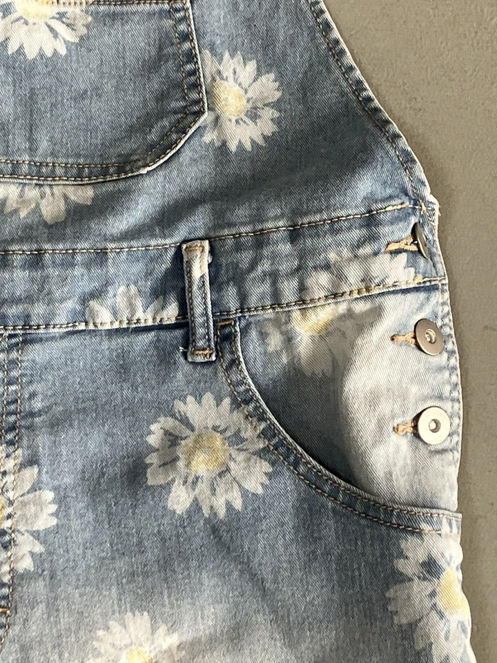 Mujeres XL 15-17 Denim Floral Babero Mono Pantalones Cortos Años 90 Y2K Grunge Azul Foto 3 de 4