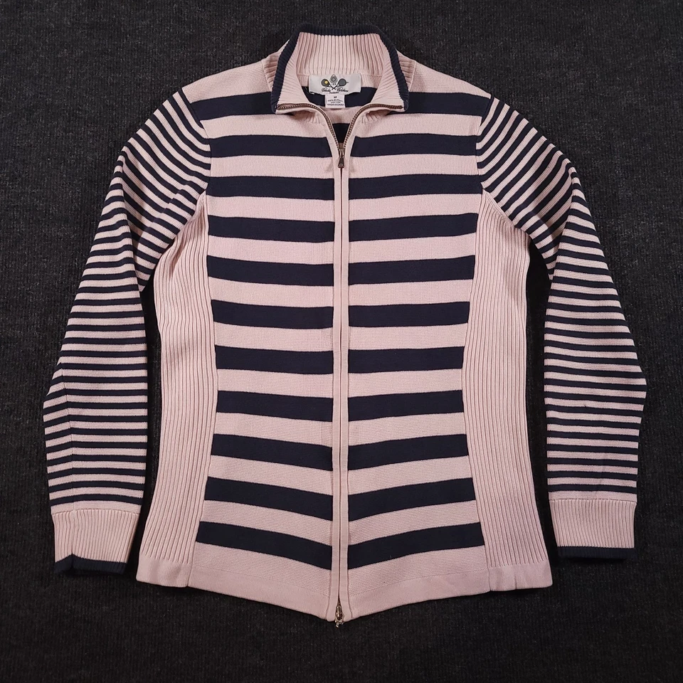 Brooks Brothers ProSport Pink Black Striped Zip Cardigan Sweater M Supima Cotton - Image 2 of 4